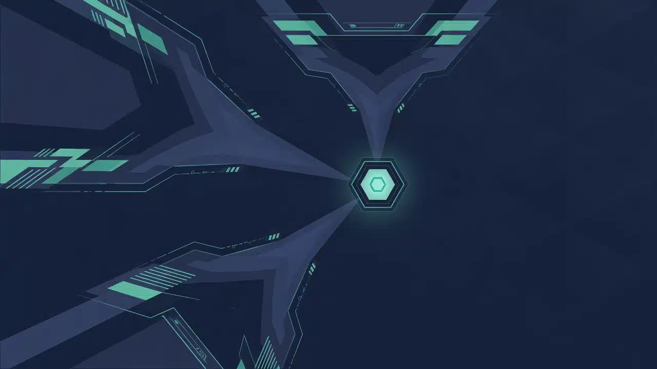 Diagramă abstractă: trei fluxuri de dimensionare care converg, fără cifre