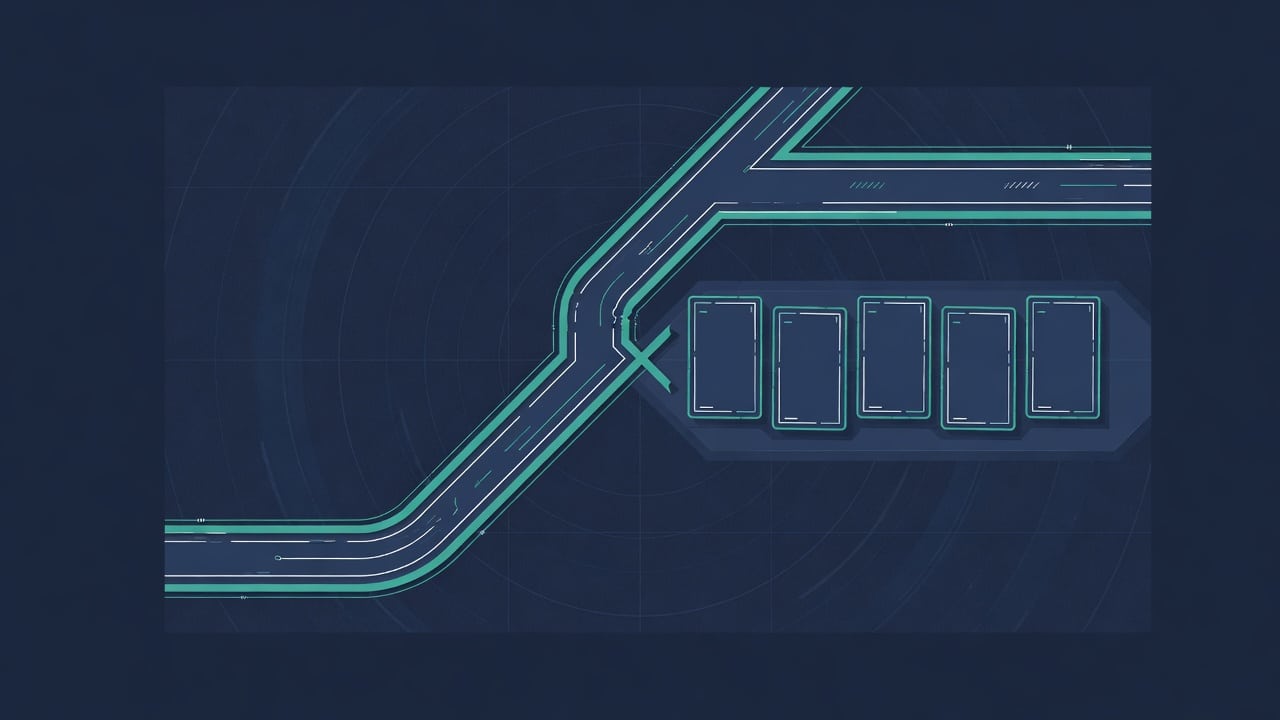 Diagramă abstractă: două căi care converg într-o listă scurtă, fără text