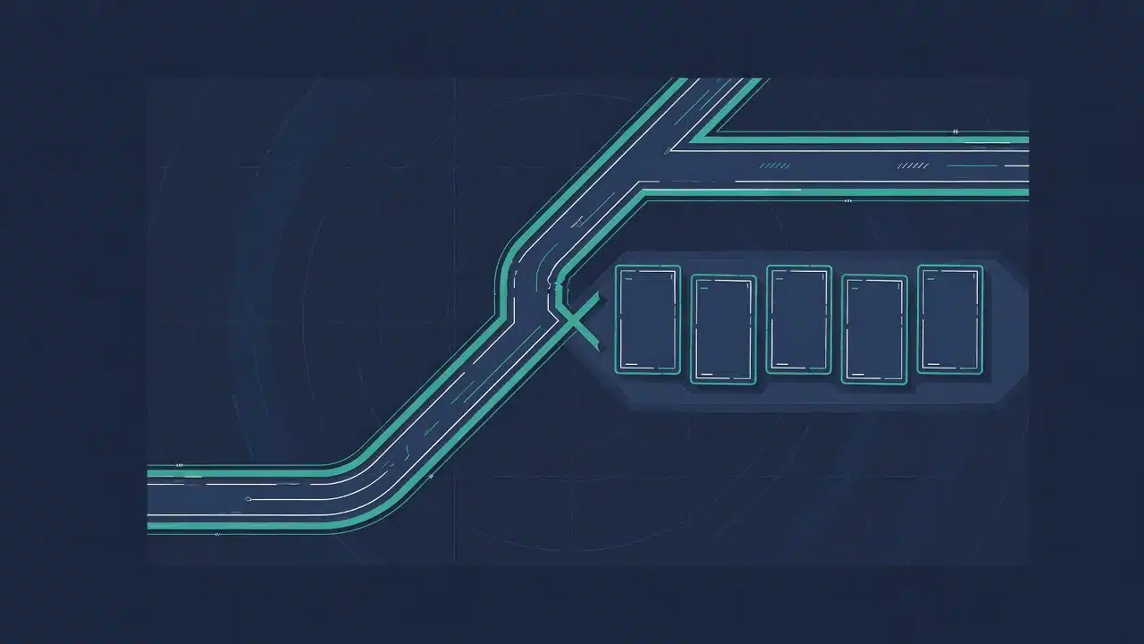 Diagramă abstractă: două căi care converg într-o listă scurtă, fără text