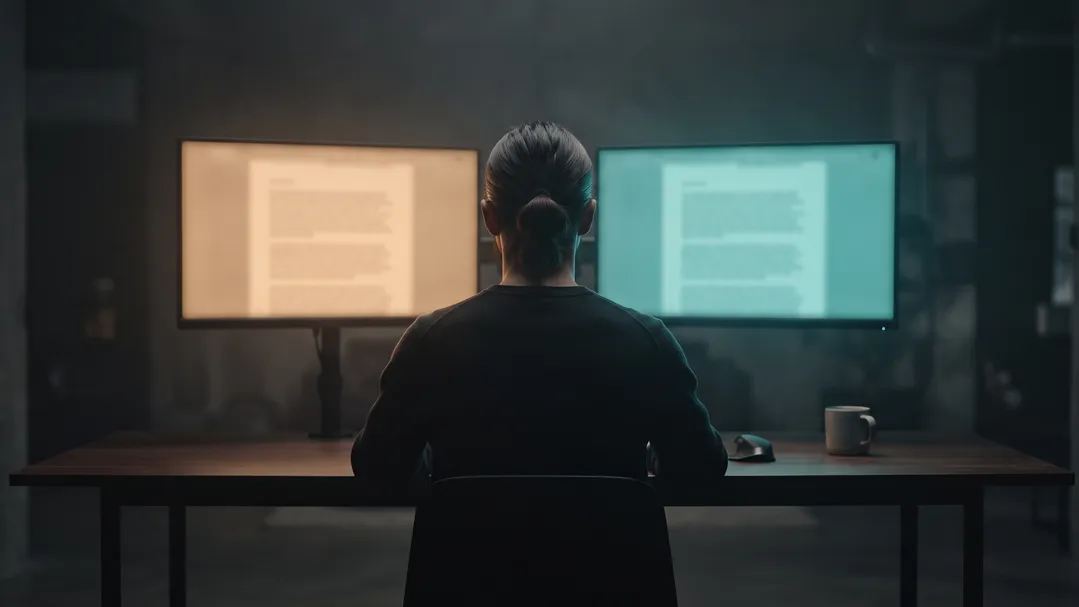 AI Adoption Report Romania 2026 - person facing two screens, the human-or-AI test