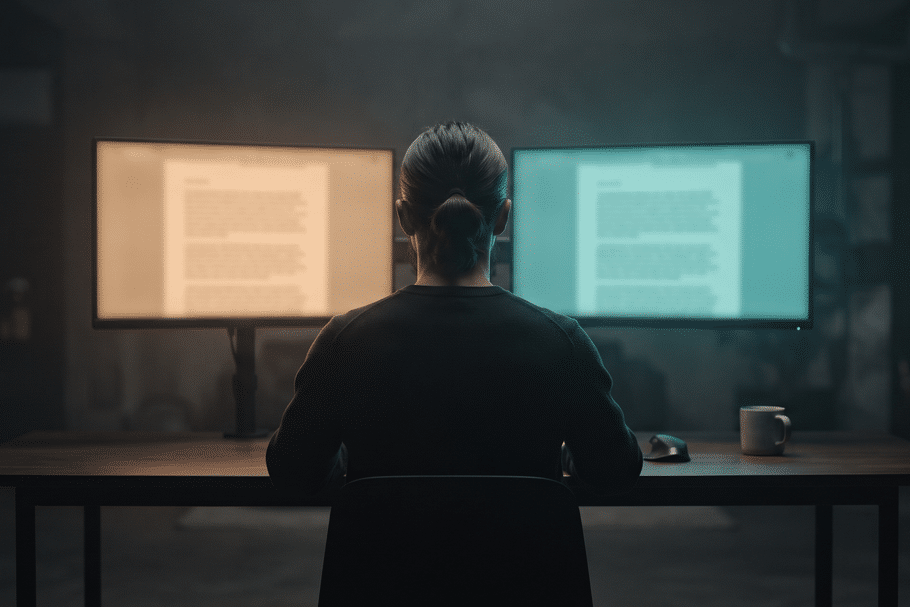AI Adoption Report Romania 2026 - person facing two screens, the human-or-AI test